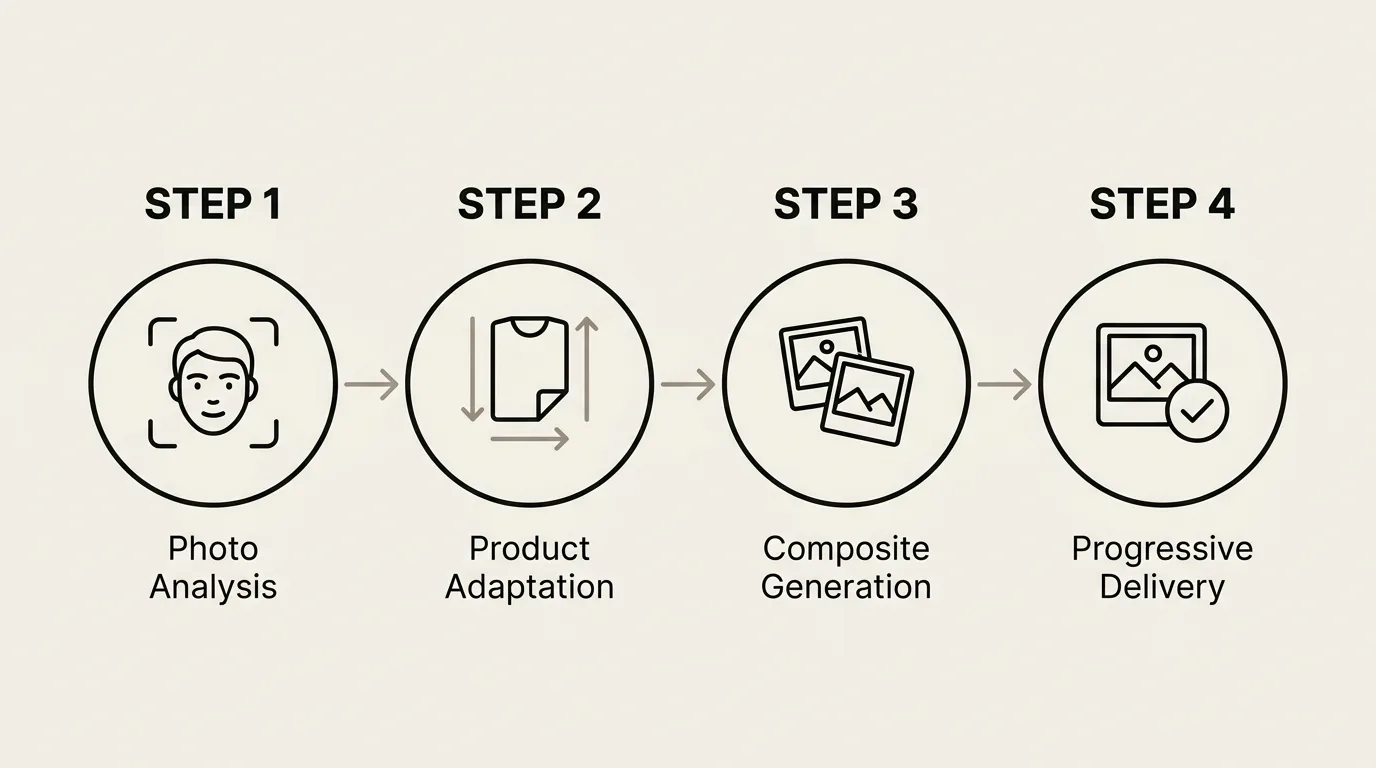 The four-step AI swap pipeline: photo analysis, product adaptation, composite generation, and progressive delivery