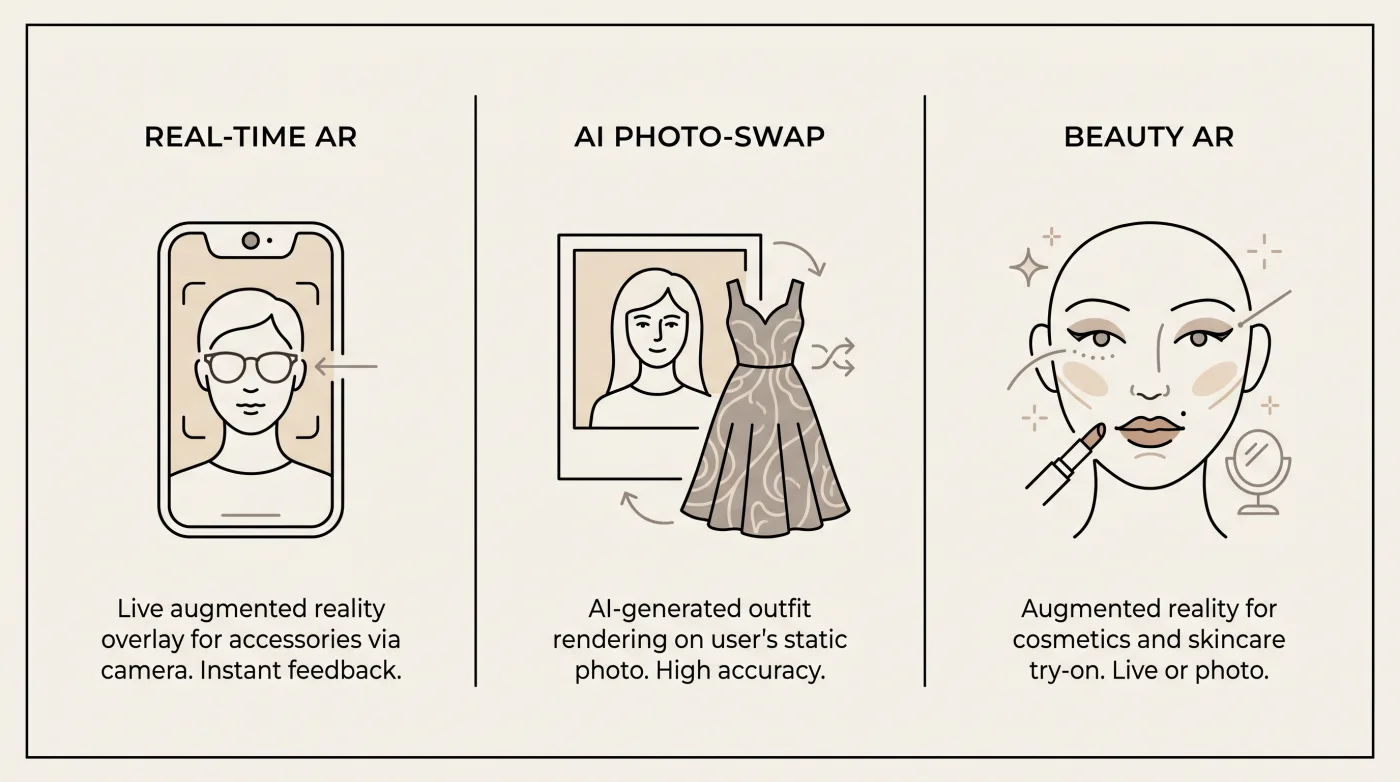 The three types of virtual try-on compared: Real-Time AR for live accessory overlay via camera, AI Photo-Swap for rendering outfits onto a shopper's photo, and Beauty AR for cosmetics try-on