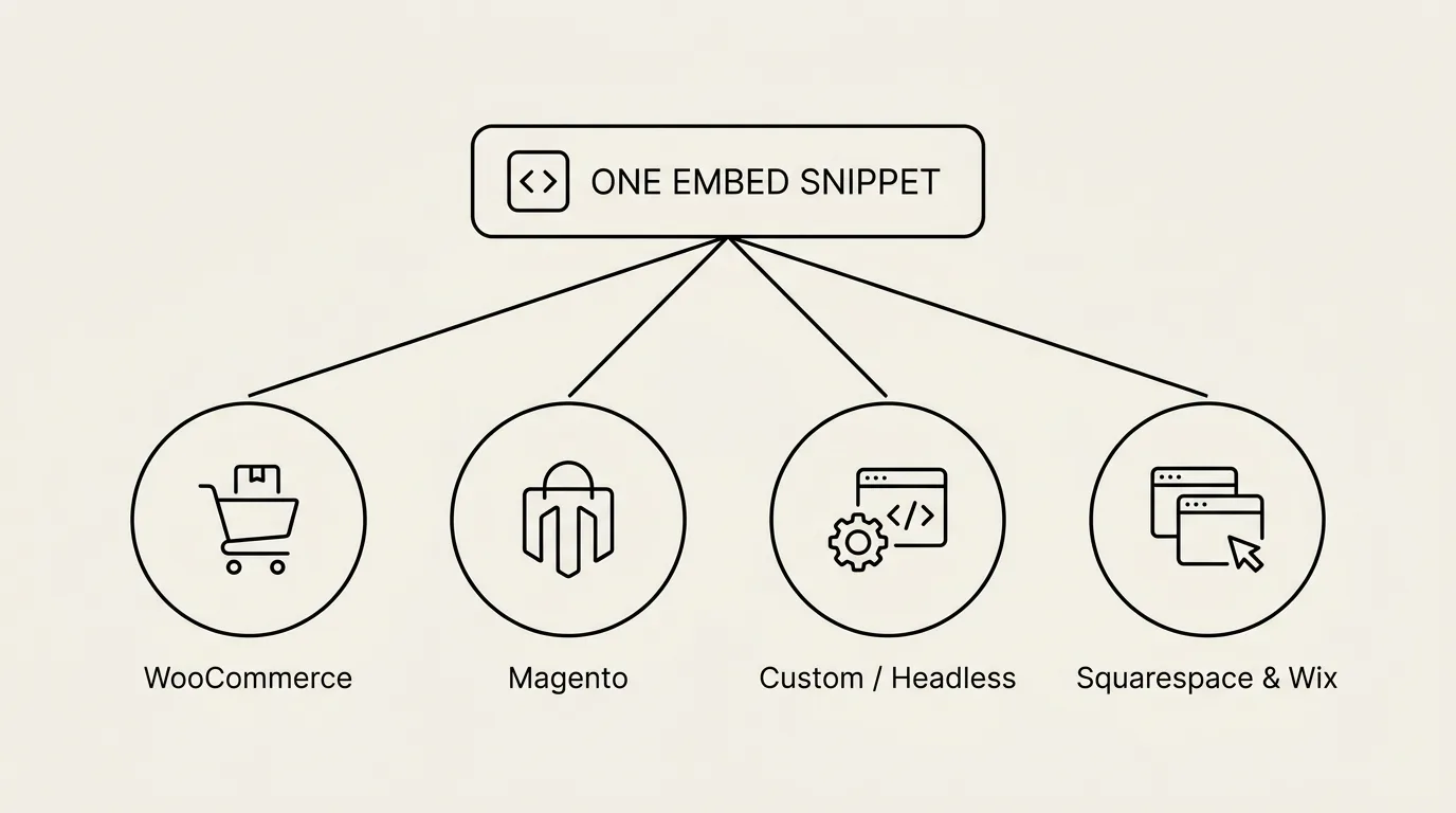 One embed snippet branching out to WooCommerce, Magento, custom or headless storefronts, and Squarespace or Wix