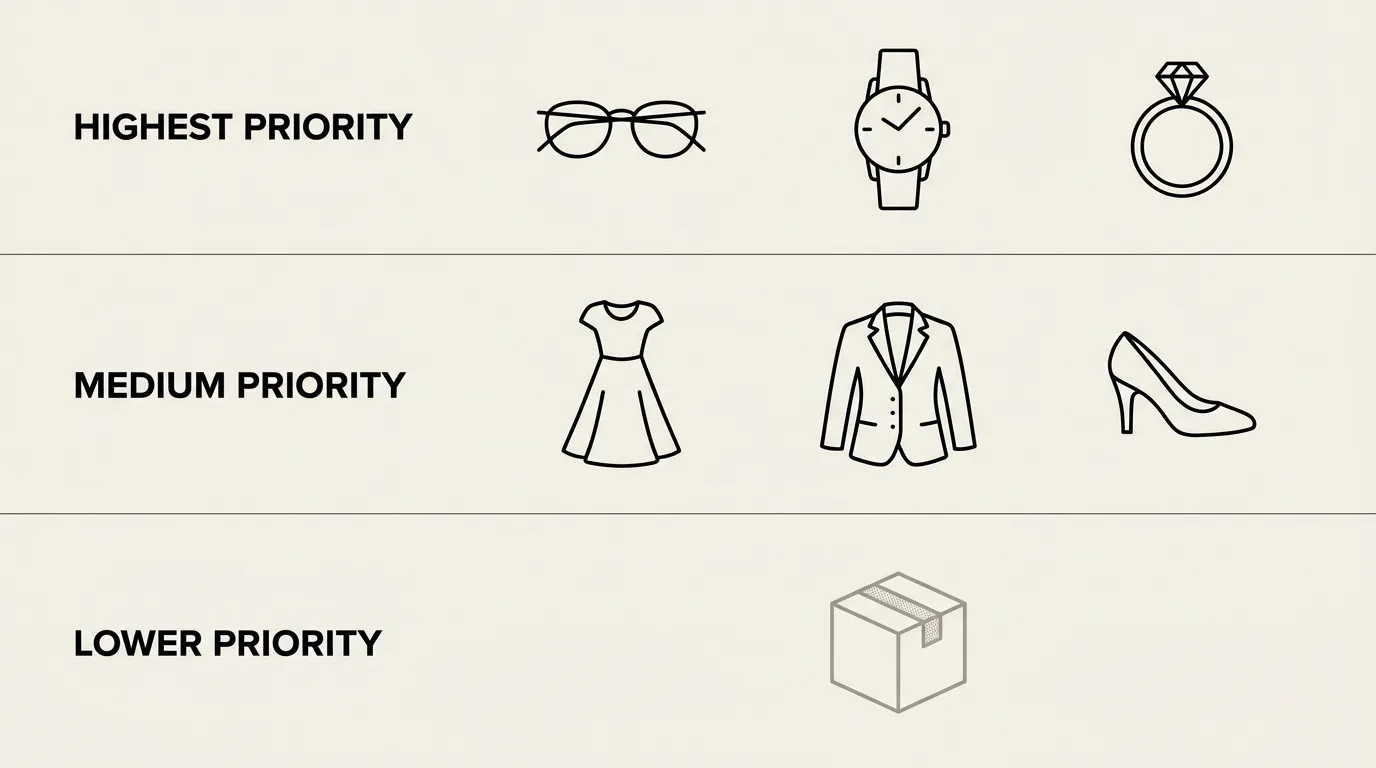 Three-tier priority diagram: highest priority eyewear, watches and jewelry; medium priority clothing and shoes; lower priority commodity products
