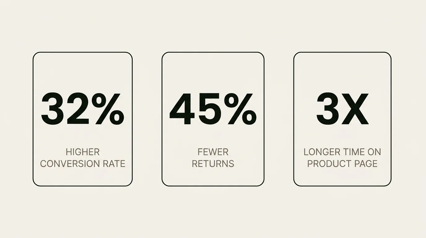 Three stat cards: 32% higher conversion rate, 45% fewer returns, 3x longer time on product page