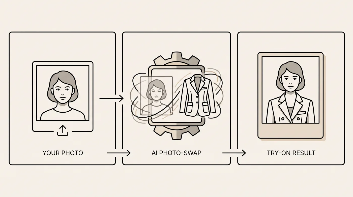 The fashion virtual try-on flow: a shopper's photo plus your product image go into the AI photo-swap engine, which renders the garment on the shopper as a realistic try-on result