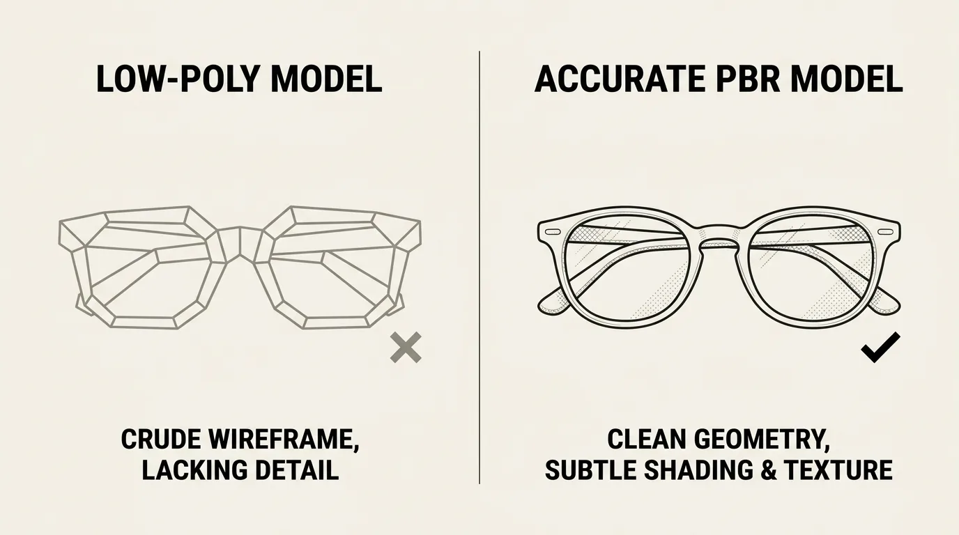 Comparison of a low-poly wireframe glasses model versus an accurate PBR model with clean geometry and shading