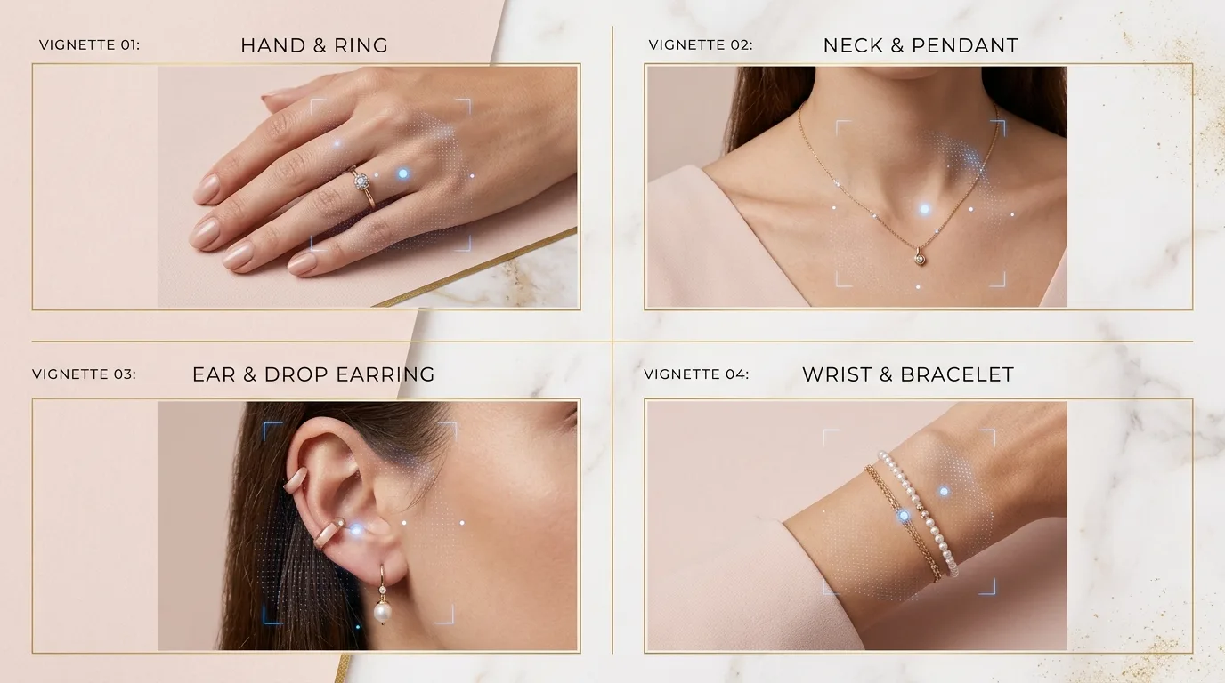 Virtual try-on across four jewelry categories: ring on hand, pendant at neckline, earring, and bracelet on wrist