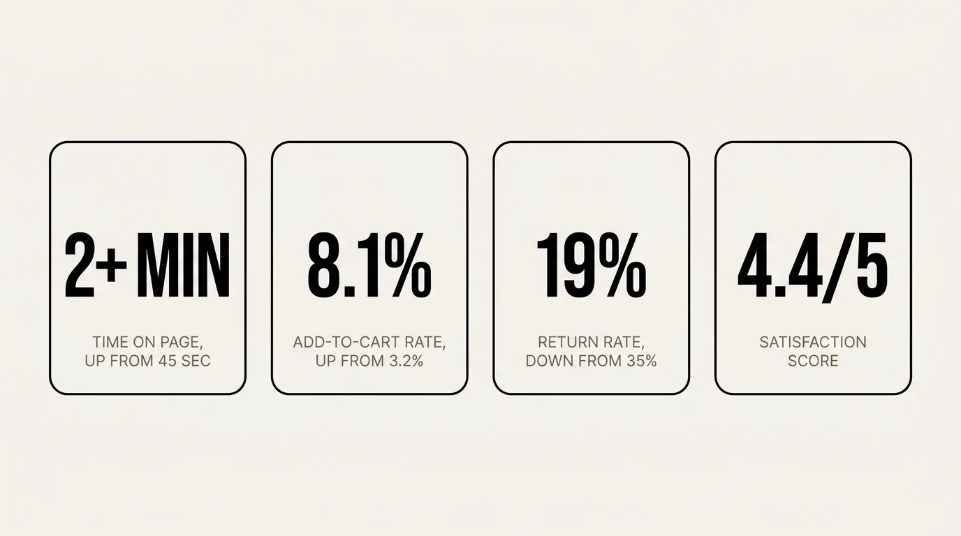 Four metrics comparing with and without one-click try-on: time on page, add-to-cart rate, return rate, and satisfaction score