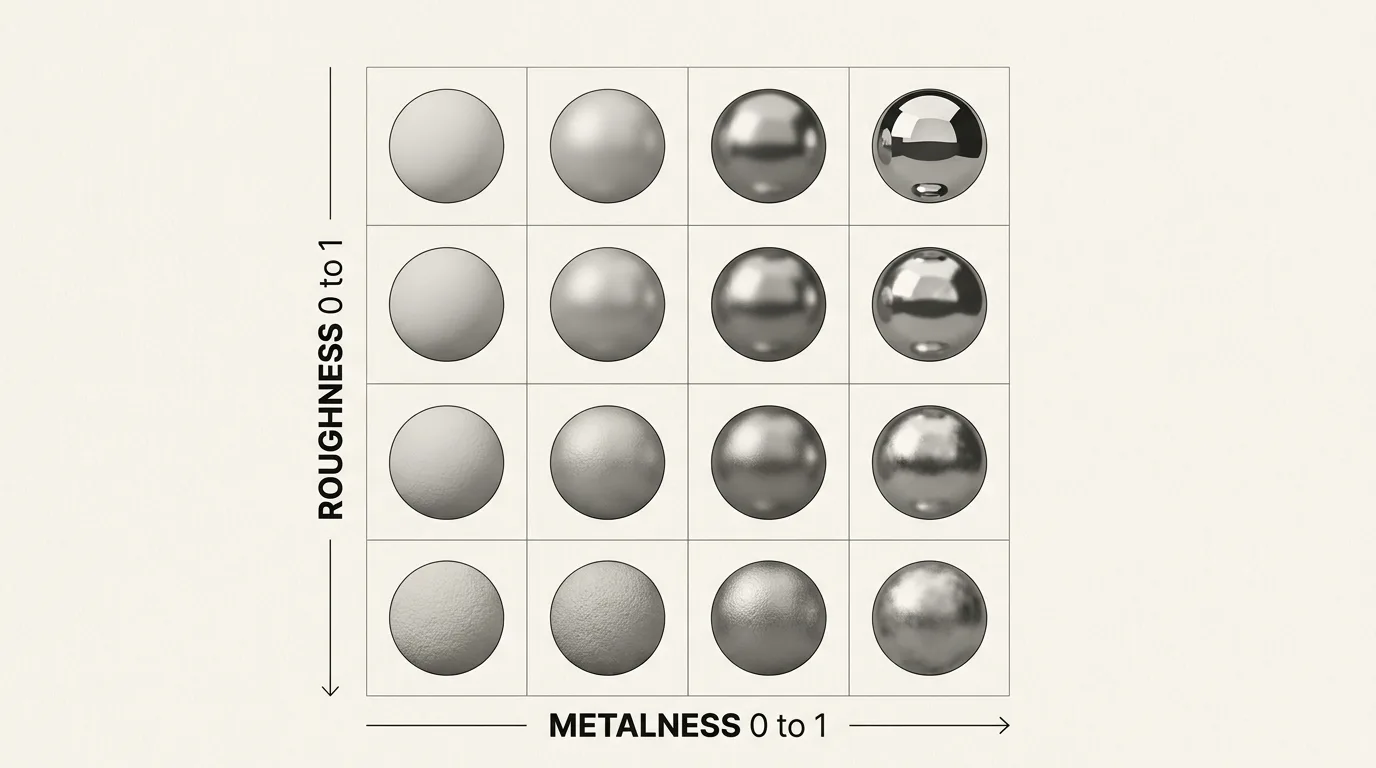 Grid of spheres demonstrating metalness increasing left to right and roughness increasing top to bottom