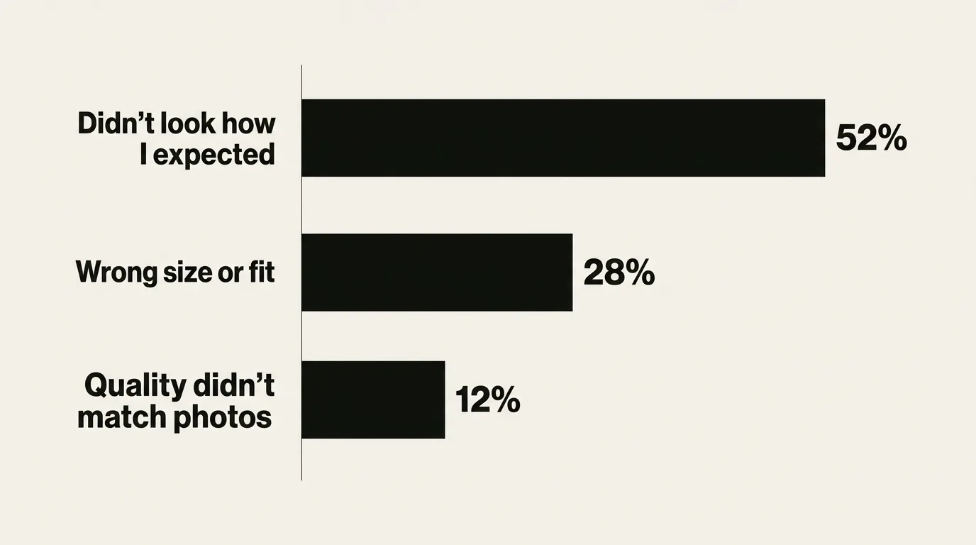 Bar chart of top return reasons: 52% didn't look how expected, 28% wrong size or fit, 12% quality didn't match photos