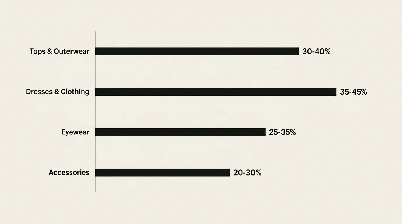 Horizontal bar chart of return-rate reduction by category: dresses and clothing 35-45%, tops and outerwear 30-40%, eyewear 25-35%, accessories 20-30%