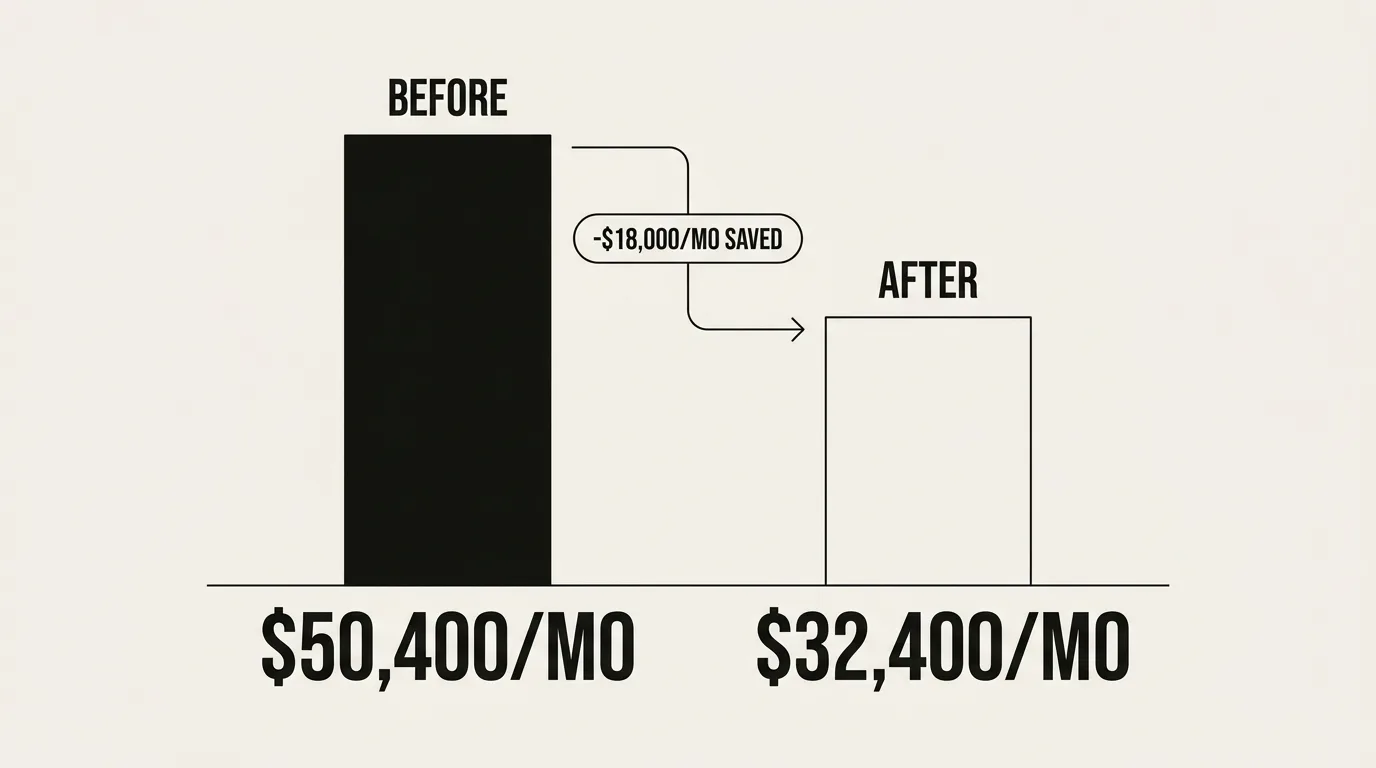 Before and after waterfall chart showing monthly return costs dropping from $50,400 to $32,400, a savings of $18,000 per month