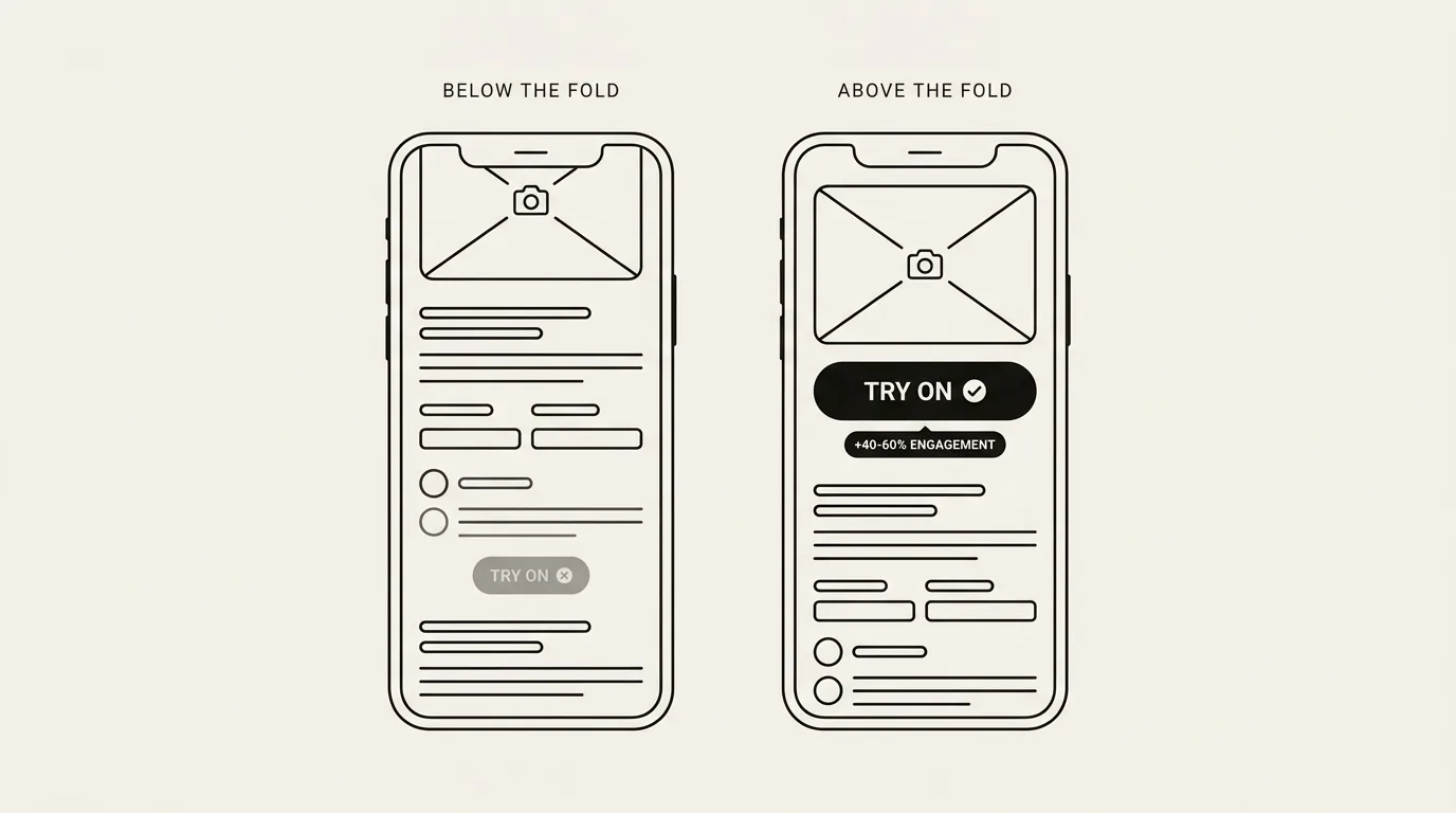 Two mobile product pages compared: try-on button buried below the fold versus placed above the fold, with a +40-60% engagement lift