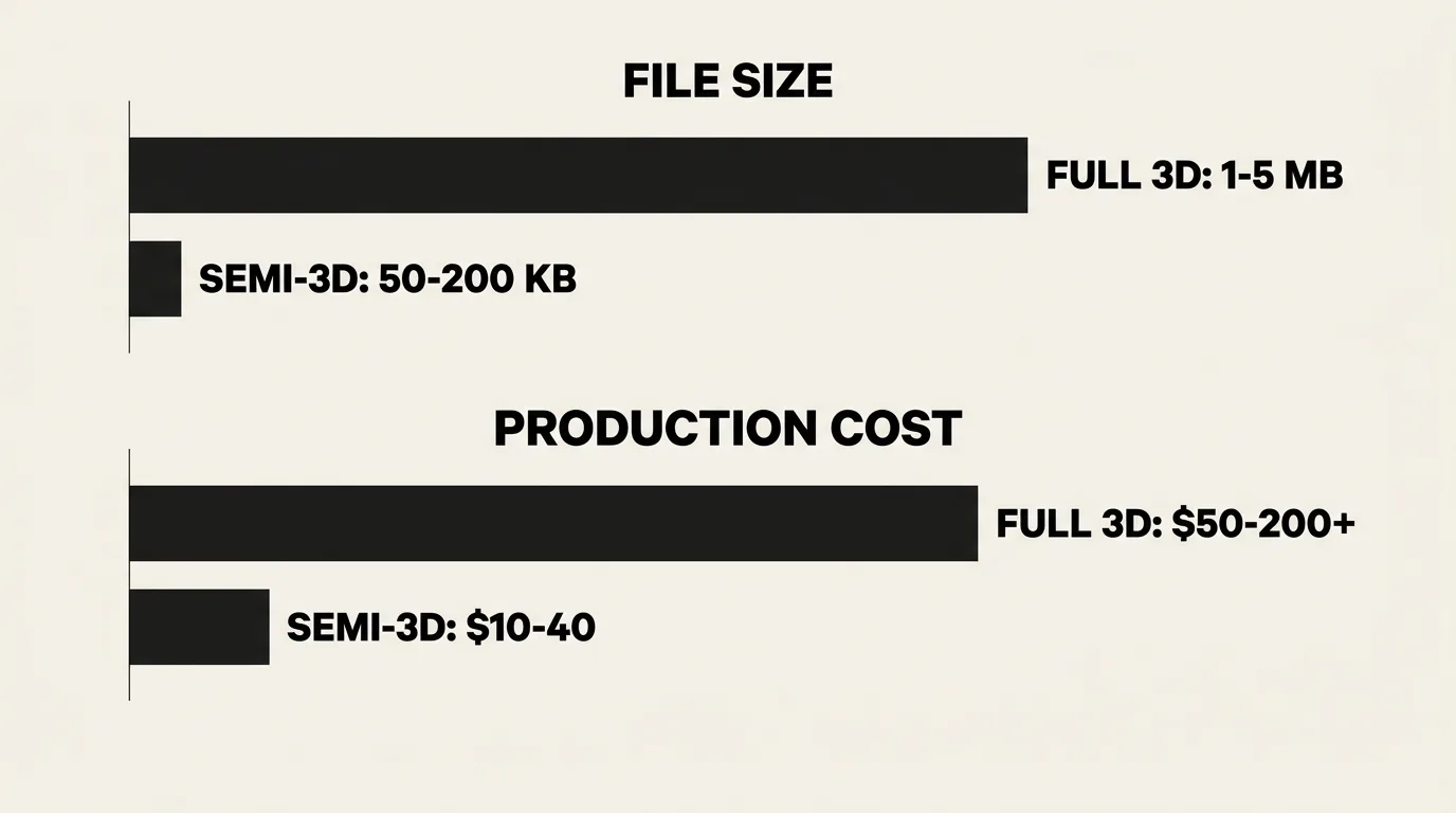 Bar chart comparing file size and production cost between full 3D and semi-3D assets