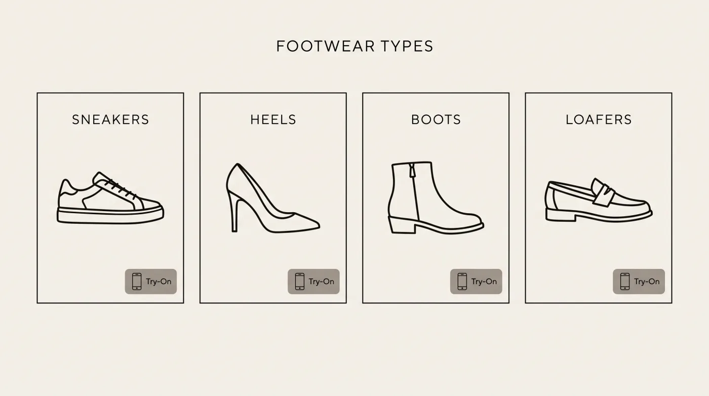 Line-art icons of four footwear categories — sneaker, heel, boot, and loafer — each shown as a virtual try-on tile