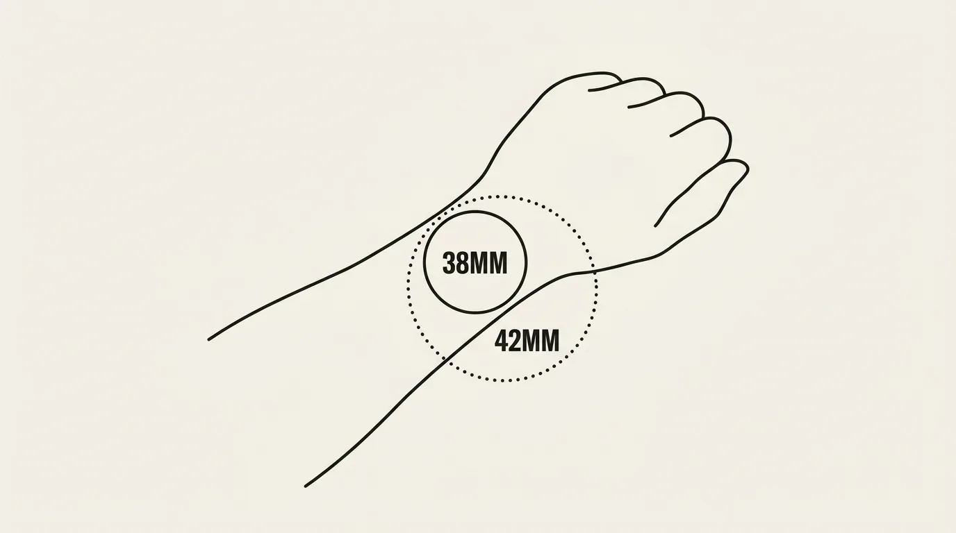 A 38mm and a 42mm watch case shown at true proportion on the same wrist, illustrating the size difference