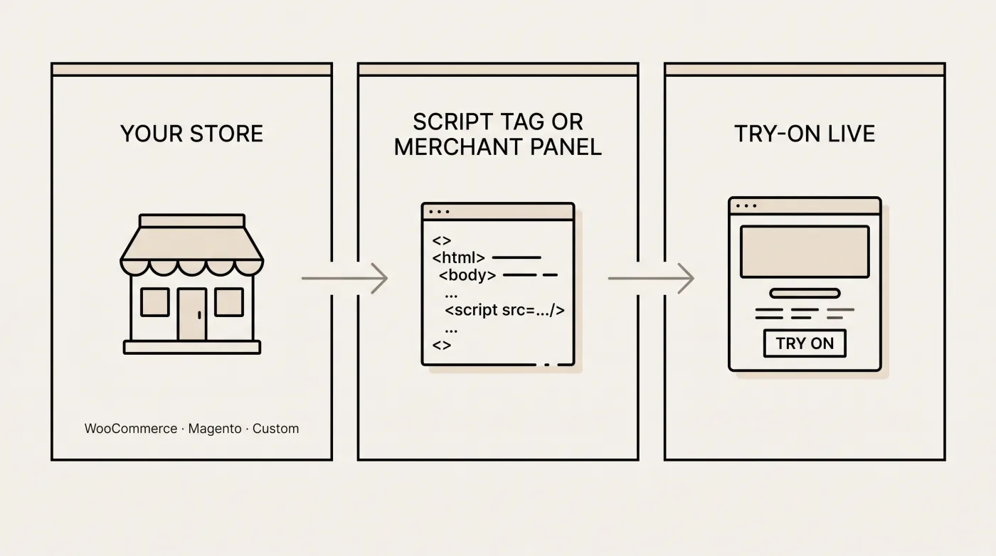 How virtual try-on embeds on any platform: your WooCommerce, Magento, or custom store connects via a script tag or merchant panel to the try-on widget, which adds a Try On button to product pages