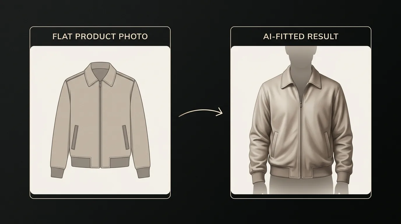 Before and after illustration of a flat product photo transformed into a realistically fitted AI try-on result