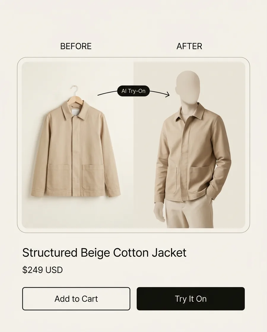 Before and after mockup of AI photo-swap clothing try-on showing a jacket composited onto a person
