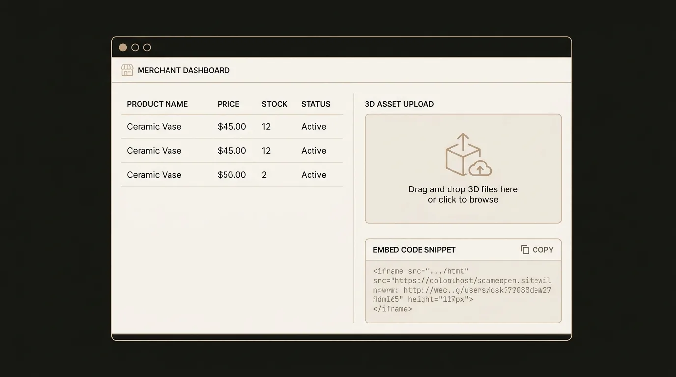 Merchant dashboard illustration showing a product list, a 3D asset upload panel, and an embed code snippet
