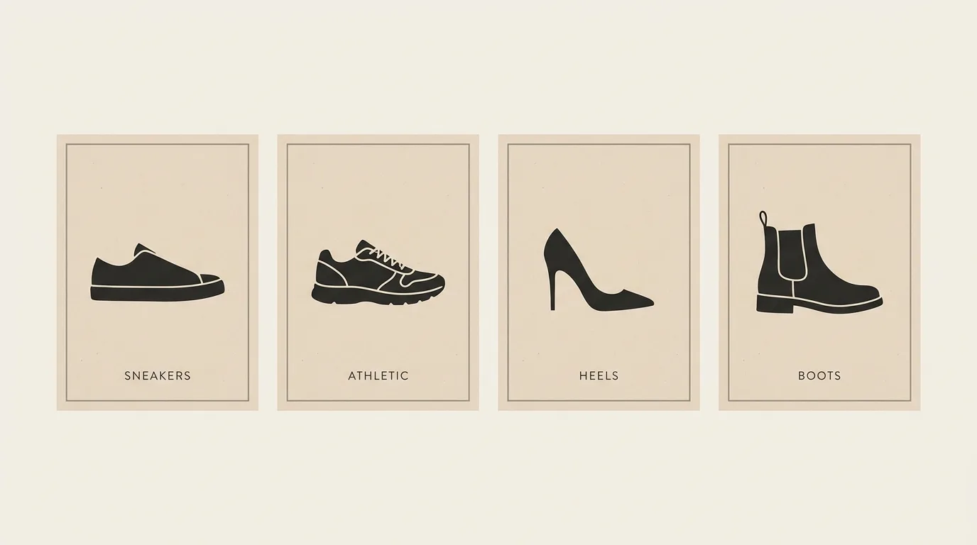 Four footwear categories illustrated: sneaker, athletic shoe, heel, and boot