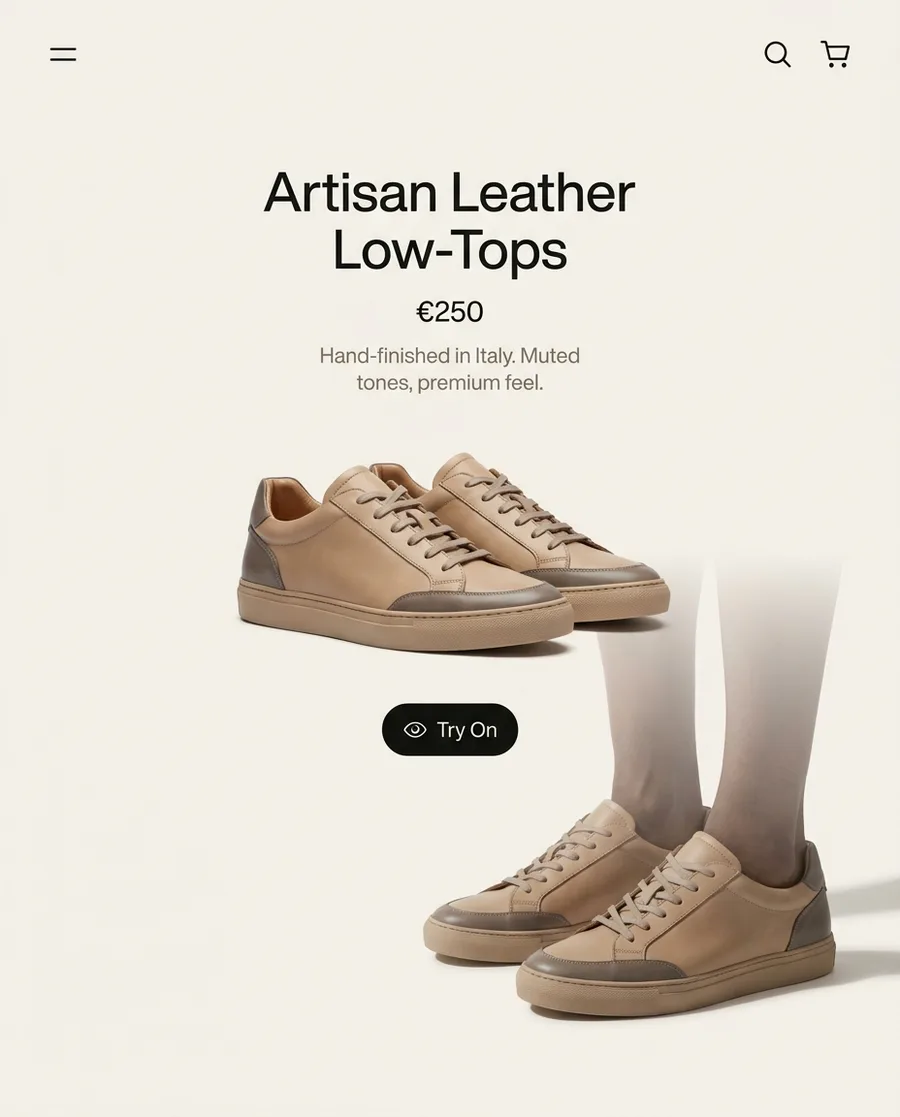Product page mockup showing sneakers with a Try On badge for AI footwear fitting